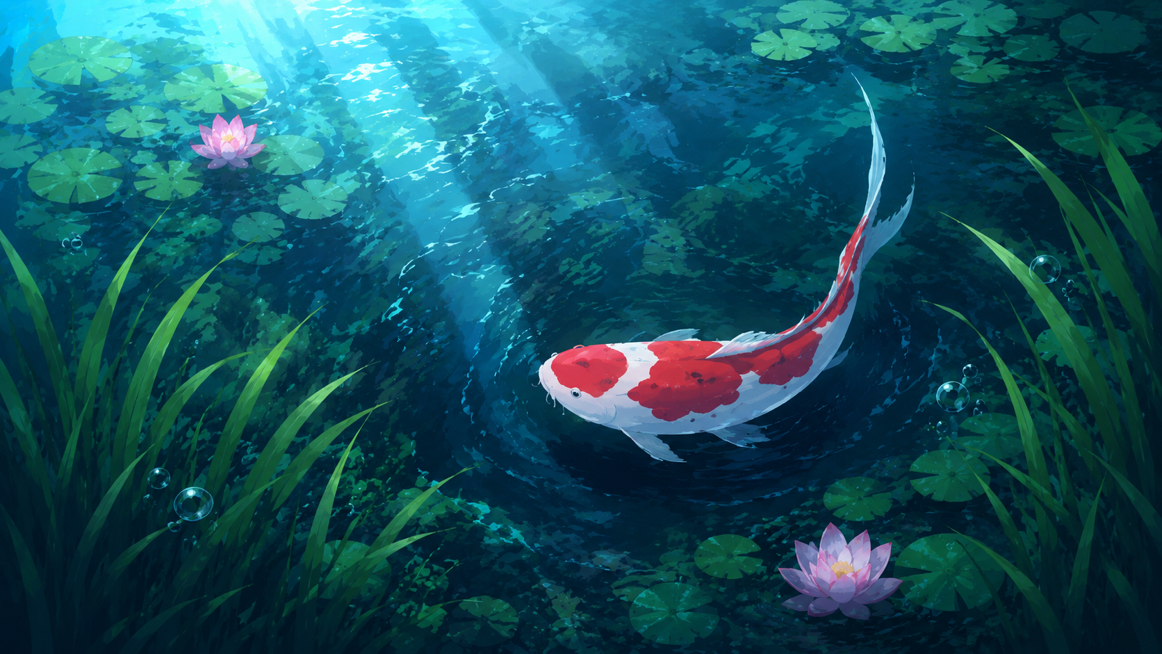 Koi swimming in a moonlit pond